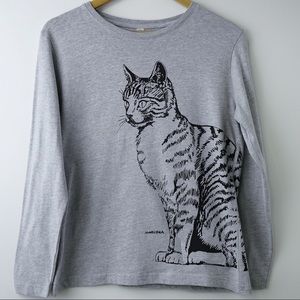 MARUSHKA Women's Long Sleeve Handprinted Cat Tee M